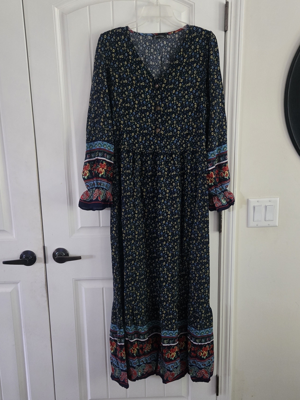 Boho Floral Maxi Dress Long Sleeve Border Print Peasant Midi Gown M